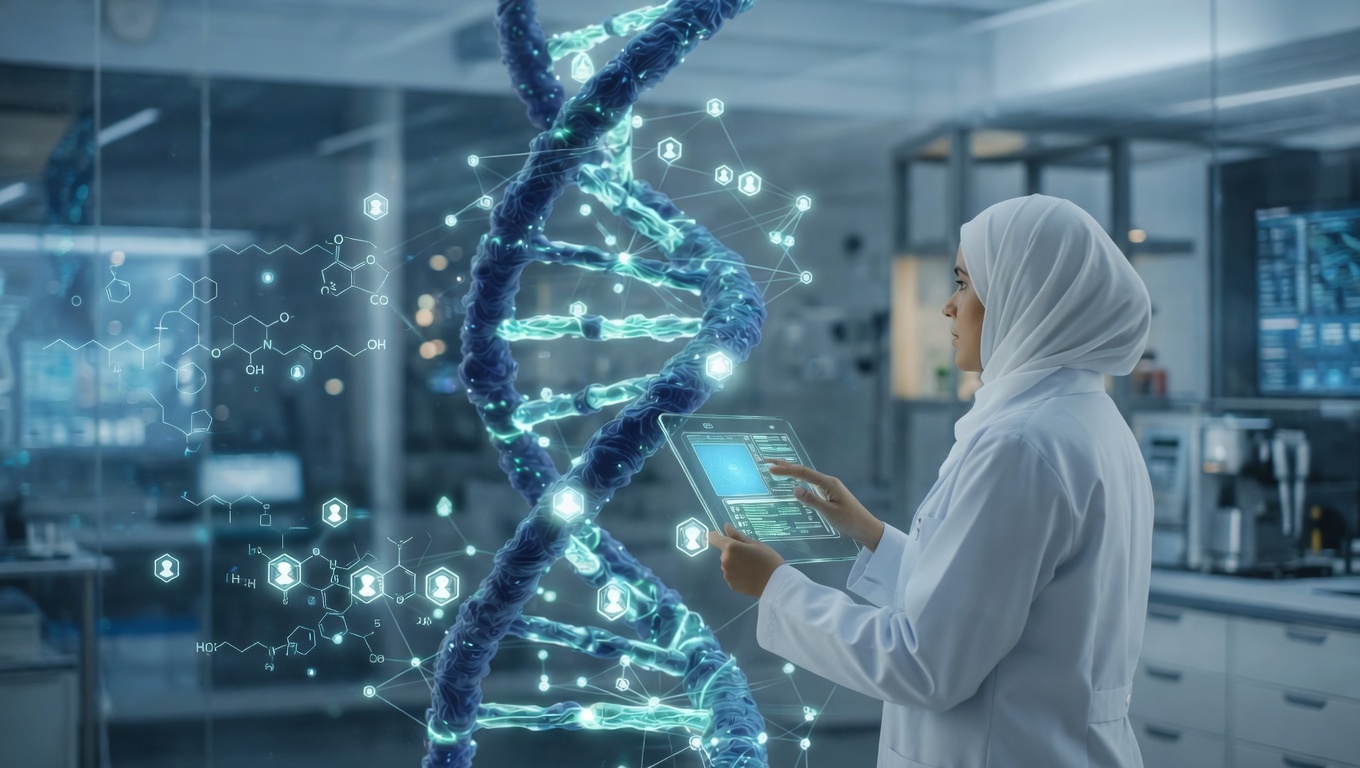 Healthcare professional with holographic health data and DNA strand